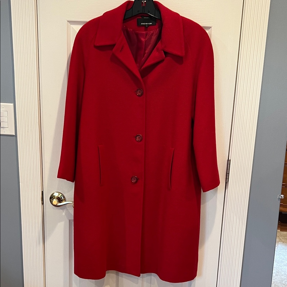 Jones New York Crimson Red Wool Single-Breasted Pea Coat